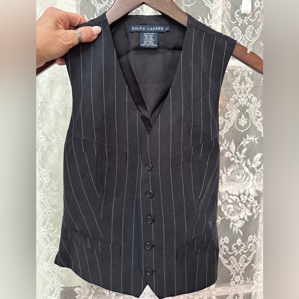 Classic vintage Ralph Lauren blue label, navy pinstripe vest.